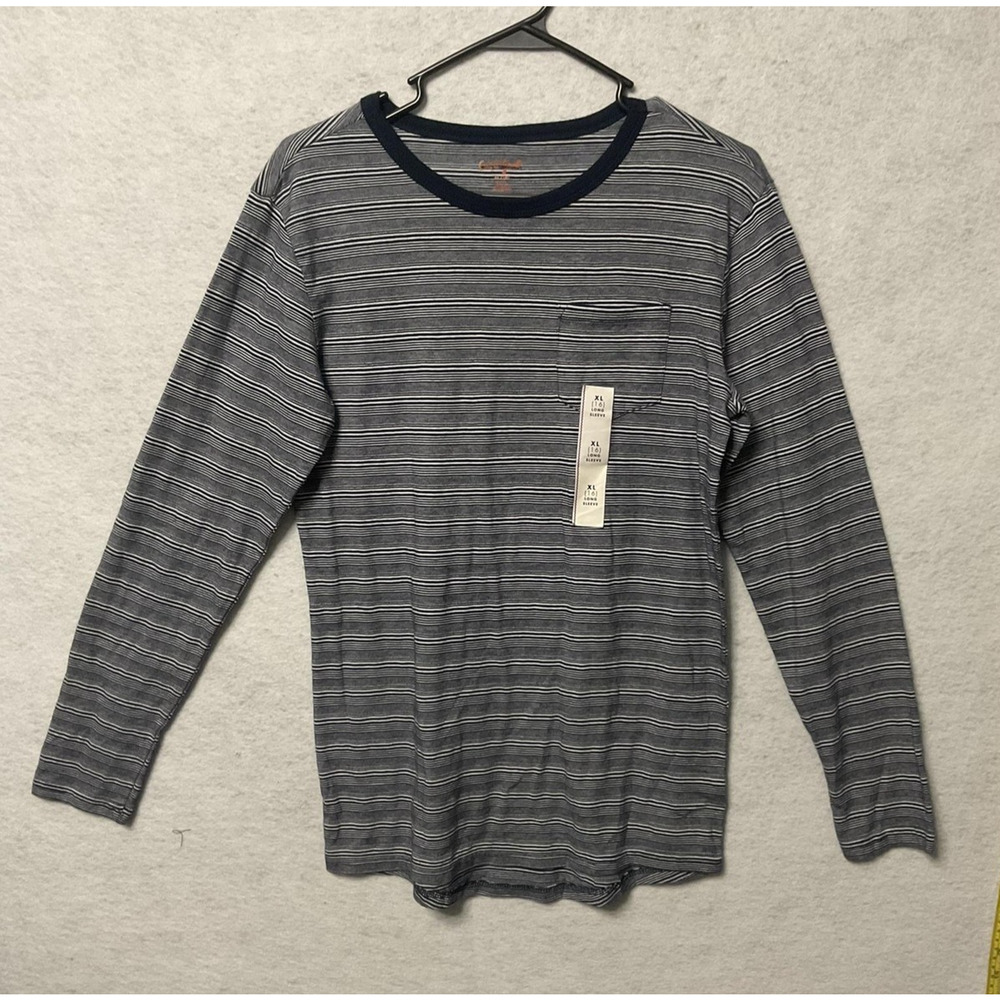 Cat & Jack‎ Shirt Boys XL 16 Blue White Striped Long Sleeve Pocket Tee Soft